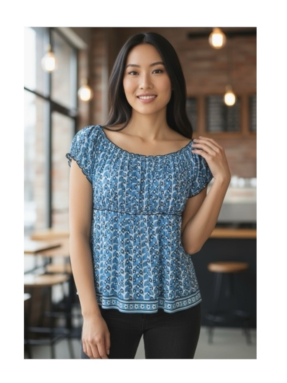 Max Studio Daisy Print Smocked Ruffled Babydoll Peasant Top Baby Blue M